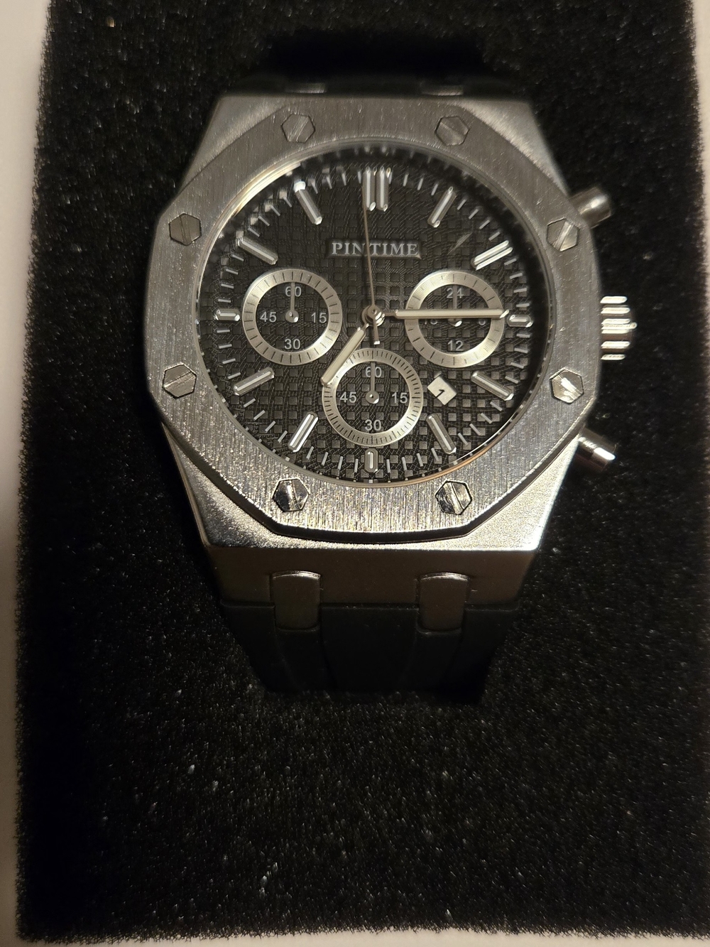 PINTIME Men’s Chronograph Watch Black Silver Silicone Strap ACW1637-004